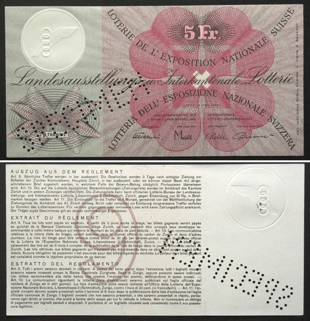 1938 Swisslos INTERKANTONALE LANDES-LOTTERIE - SPECIMEN 5 Francs 1938 RARE! UNC