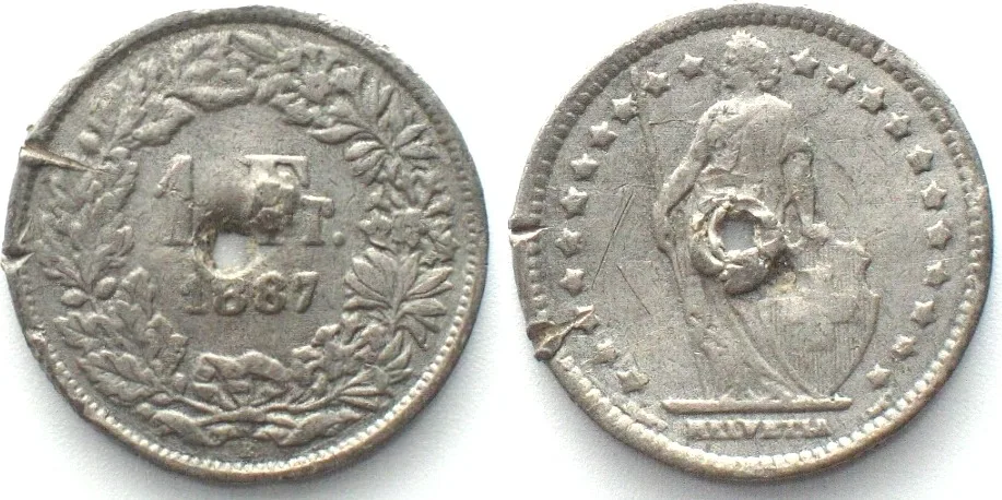 1887 SWITZERLAND 1 Franc 1887, contemporary counterfeit, tin/lead alloy, VERY RARE! VF+