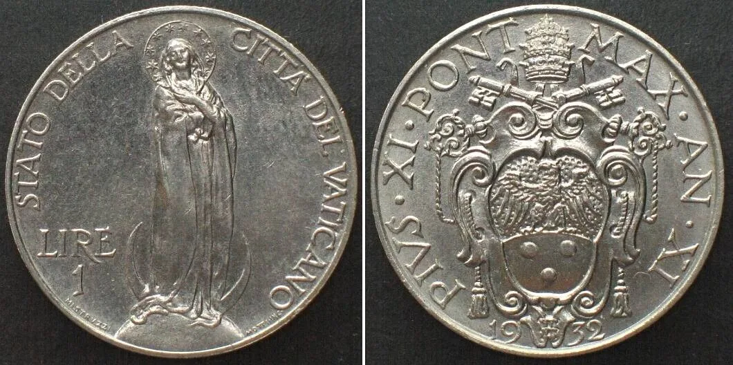 1932 VATICAN 1 Lira 1932, PIUS XI, nickel UNC