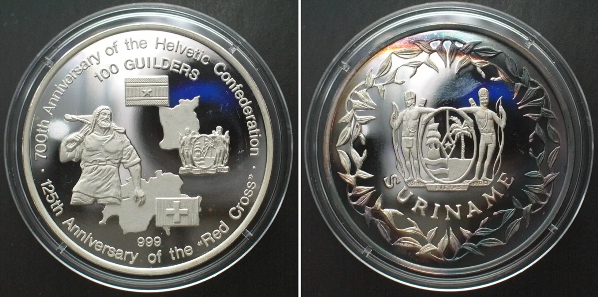 1991 SURINAME 100 Gulden 1991 700TH ANN. OF SWITZERLAND / 125TH ANN. RED CROSS silver Proof