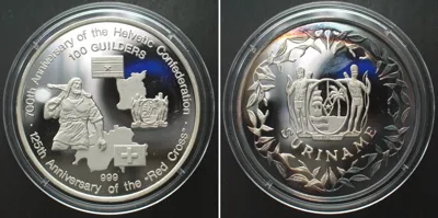 1991 SURINAME 100 Gulden 1991 700TH ANN. OF SWITZERLAND / 125TH ANN. RED CROSS silver Proof