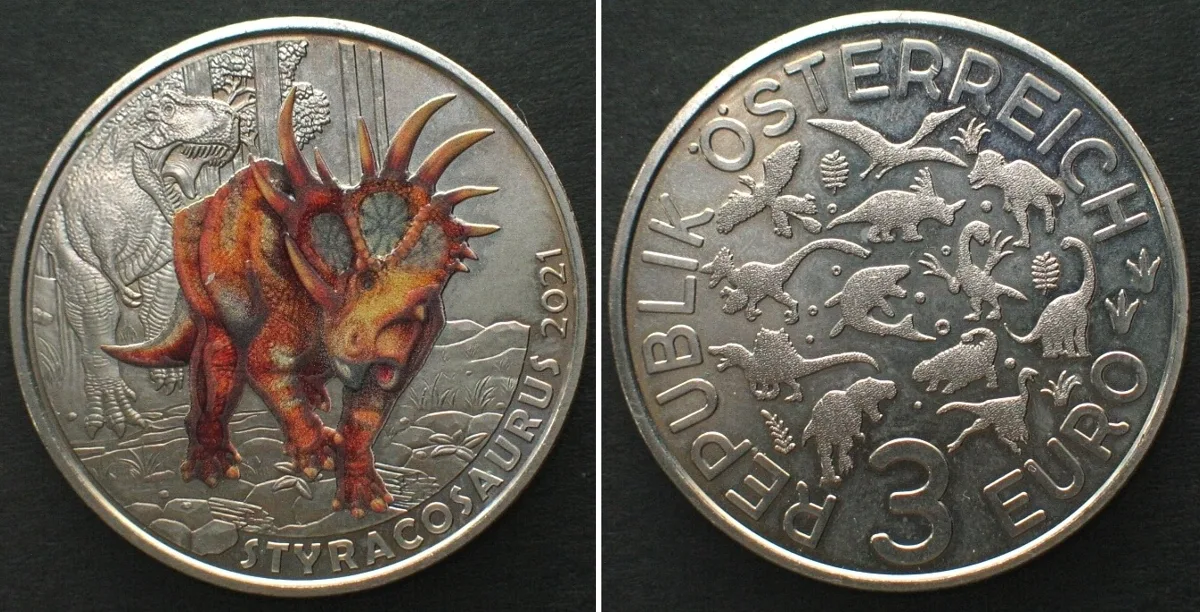 2021 AUSTRIA 3 Euro 2021 Styracosaurus DINO SERIES colored Cu-Ni UNC