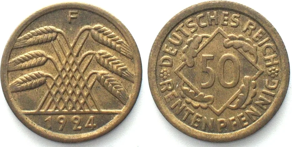 1924 Germany WEIMAR REPUBLIC 50 Rentenpfennig 1924 F, Al-Br, AU