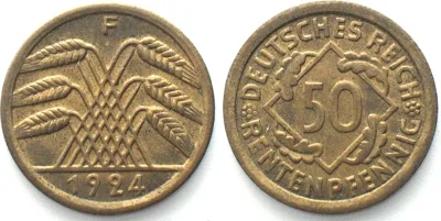 1924 Germany WEIMAR REPUBLIC 50 Rentenpfennig 1924 F, Al-Br, AU