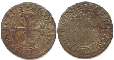 1772 Swiss Cantons FRIBOURG. Kreuzer 1772 billon VF SCARCE! VF