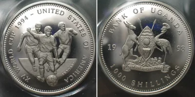 1993 UGANDA 1000 Shillings 1993 SOCCER WORLD CUP Cu-Ni Proof