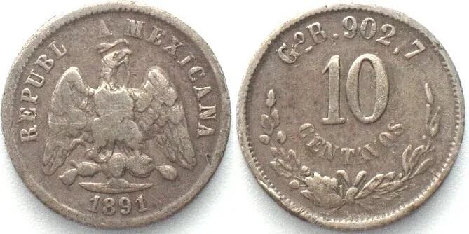 1891 MEXICO. 10 Centavos 1891 Go R, silver, VF