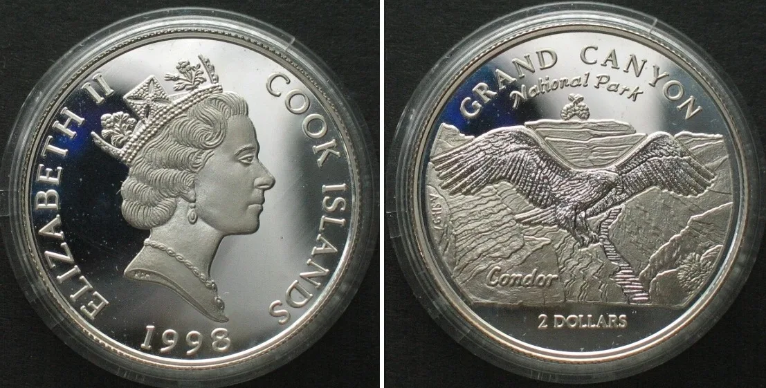 1998 COOK ISLANDS 2 Dollars 1998 Grand Canyon US-NATIONAL PARKS silver Proof