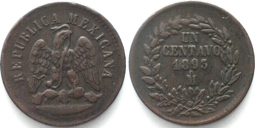 1893 MEXICO. 1 Centavo 1893 Mo, copper, XF! EF