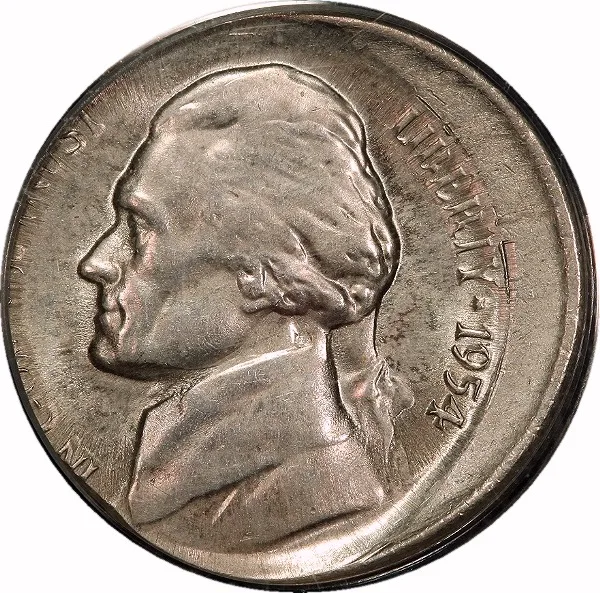 Jefferson Nickel, 1954-S, Struck 10% Off Center, 5¢, MS61 , PCGS
