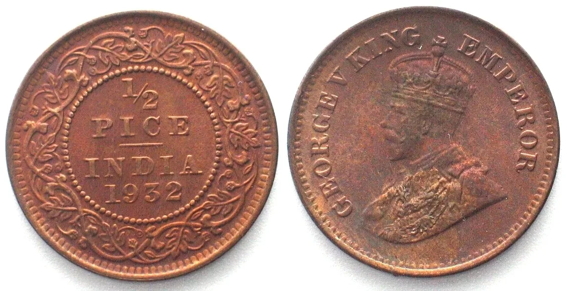 1932 INDIA 1/2 Pice 1932 GEORGE V bronze UNC-!