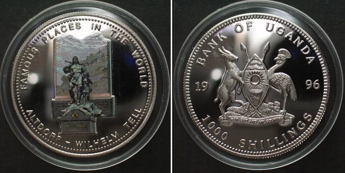1996 UGANDA 1000 Shillings 1996 ALTDORF - WILHELM TELL Cu-Ni colored Proof
