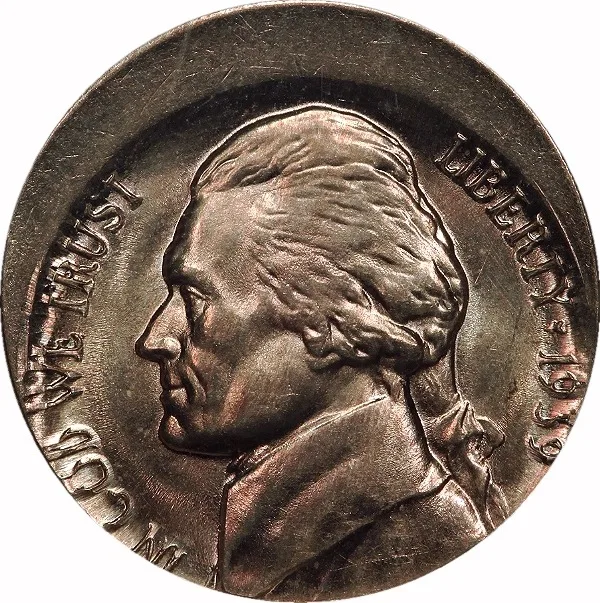 Jefferson Nickel, 1939, Struck 10% Off Center, 5¢, MS62 FS, NGC
