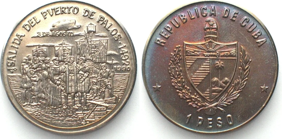 1990 CUBA 1 Peso 1990 Columbus departing from Spain DISCOVERY OF AMERICA Cu-Ni BU