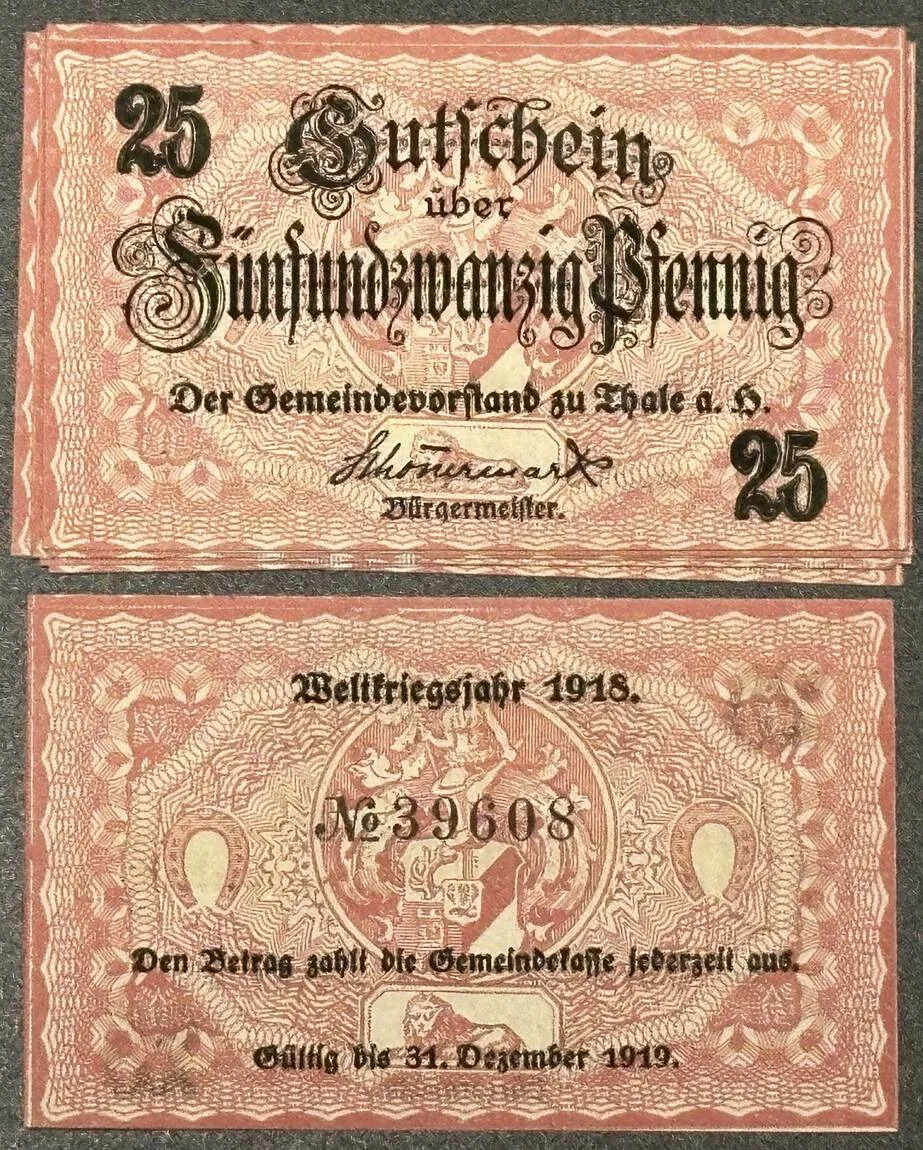 1918 GERMANY Notgeld. 10 x THALE a.H. 25 Pfennig 1918 UNC