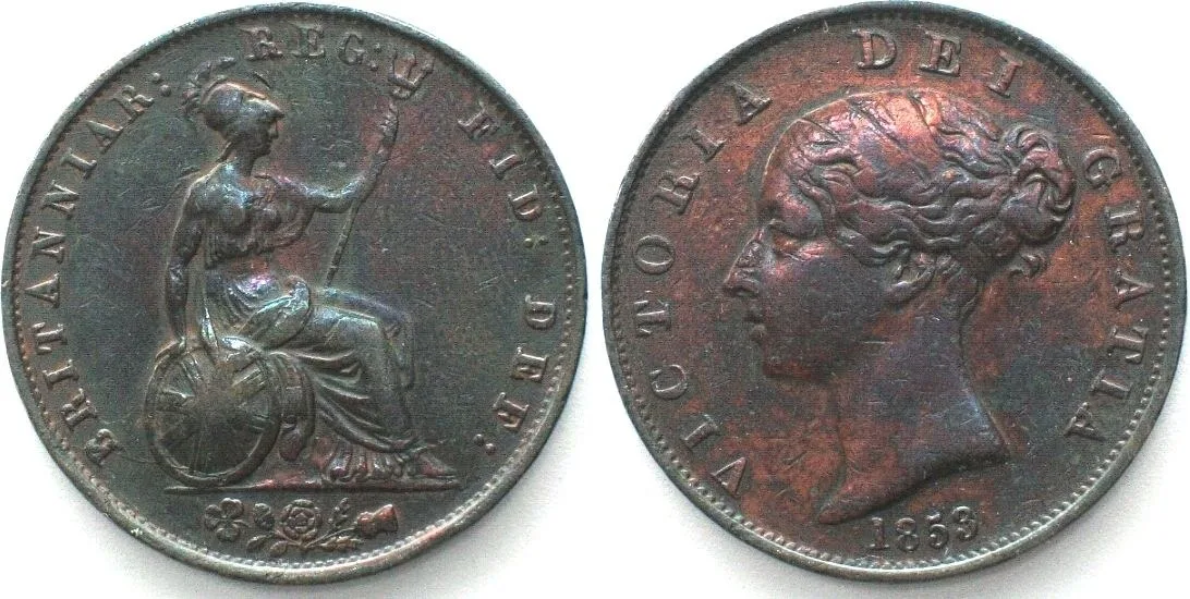 1853 GREAT BRITAIN Half Penny 1853/2 overdate VICTORIA copper XF! EF