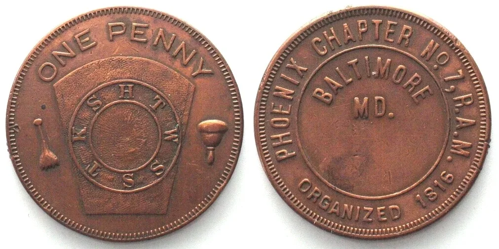 1816 BALTIMORE, Maryland. 1816-dated Penny Token (20th cent.) PHOENIX CHAPTER NO 7 AU