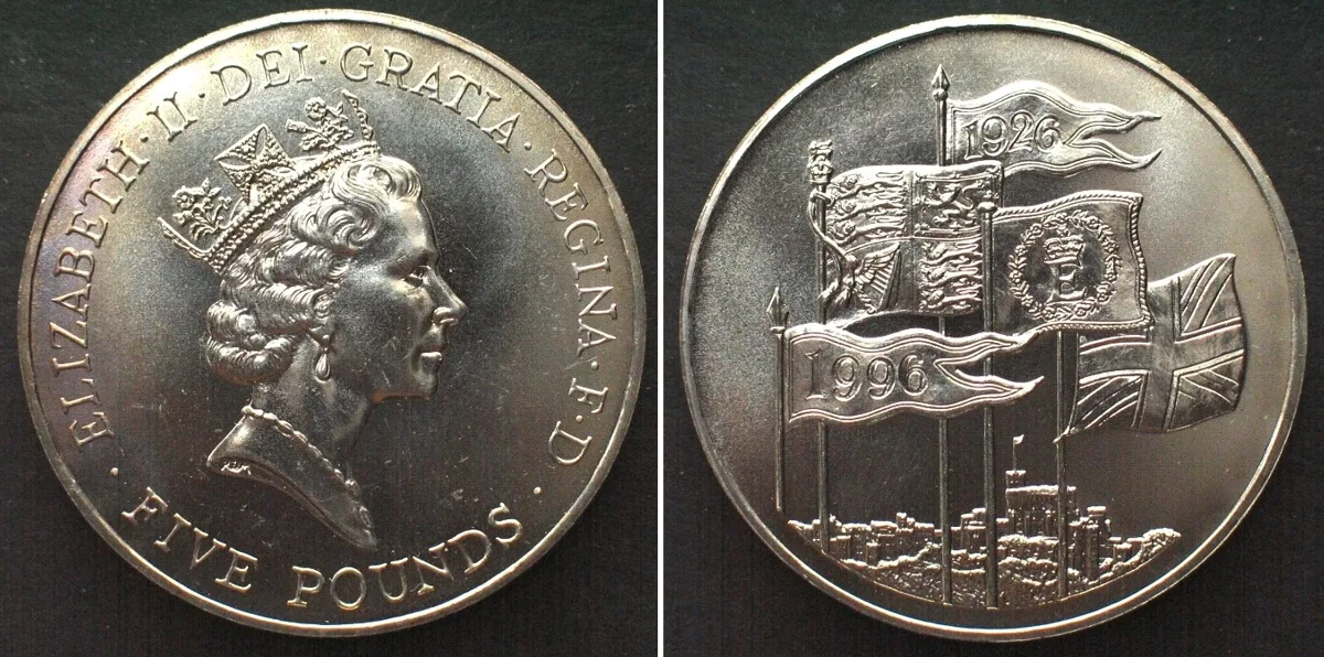 1996 ELIZABETH II 5 Pounds 1996, ELIZABETH II, 70TH BIRTHDAY, Cu-Ni Prooflike