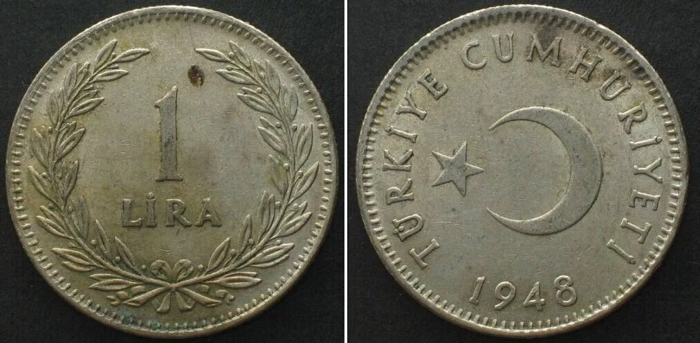 1948 TURKEY 1 Lira 1948 silver AU!