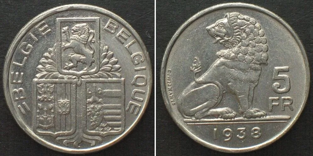 1938 BELGIUM 5 Francs 1938 - BELGIE BELGIQUE - LEOPOLD III Pos. A, SCARCE! UNC-