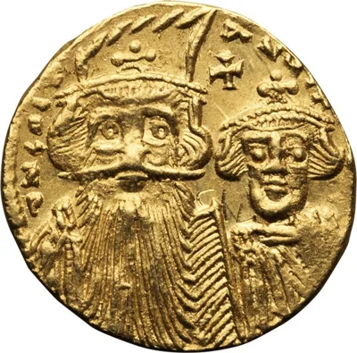 Constans II, with Constantine IV, Heraclius, and Tiberius. Solidus
