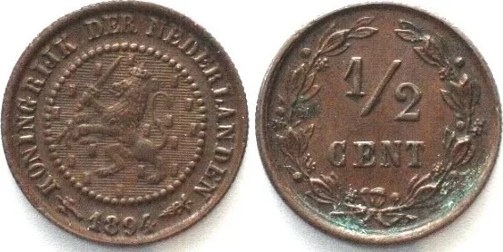 1894 NETHERLANDS 1/2 Cent 1894 WILHELMINA bronze UNC-!