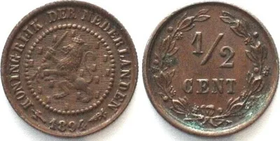 1894 NETHERLANDS 1/2 Cent 1894 WILHELMINA bronze UNC-!