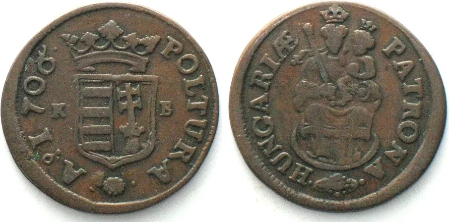 1706 HUNGARY. Poltura 1706 KB, Malcontents, FRANCIS RAKOCZY II copper, large flan VF+
