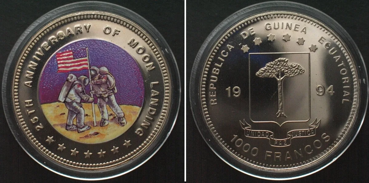 1994 EQUATORIAL GUINEA 1000 Francos 1994 MOON LANDING Cu-Ni COLORED Proof