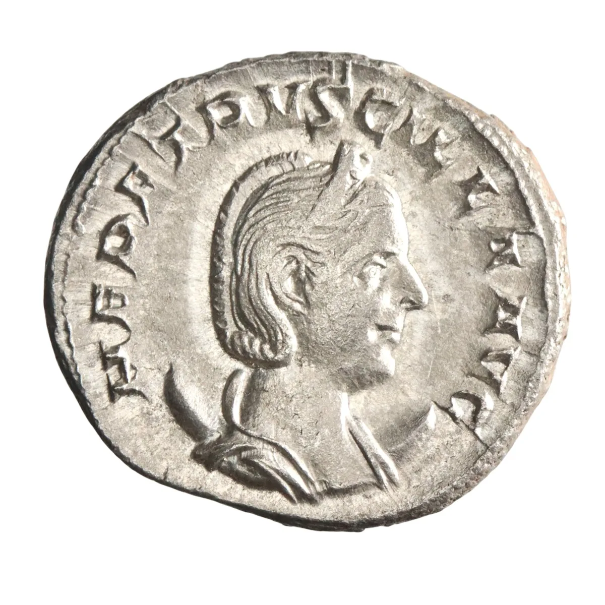 Roman: Herennia Etruscilla (249-251), silver antoninianus (4.18g), Rome mint, 249-251 CE. Diademed and draped bust on crescent / Pudicitia seated, holding sceptre and drawing veil from her face.