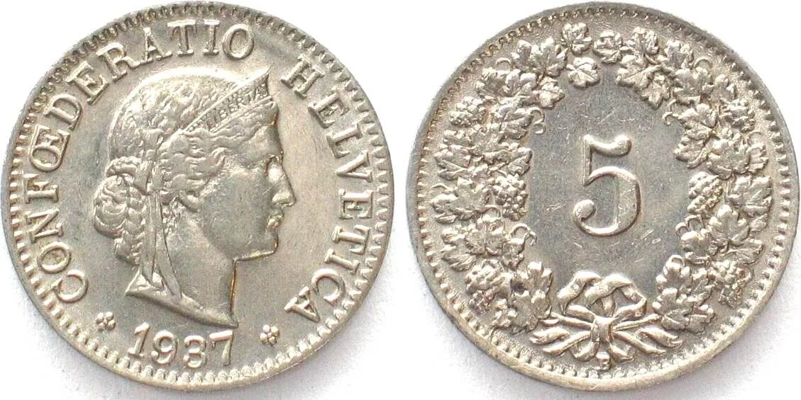 1937 SWITZERLAND 5 Rappen 1937 nickel UNC!