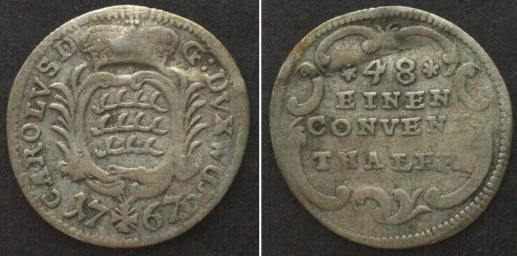 1767 German States WURTTEMBERG. 1/48 Thaler 1767, KARL EUGEN, silver VF