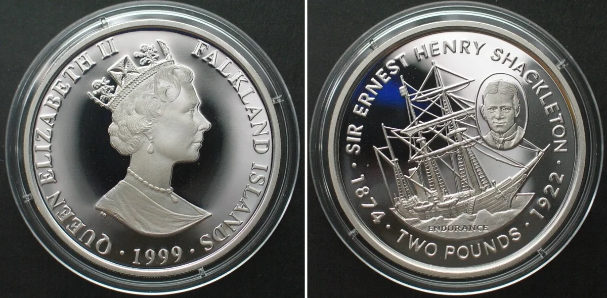 1999 FALKLAND ISLANDS 2 Pounds 1999 Endurance ERNEST SHACKLETON silver Proof SCARCE! Proof