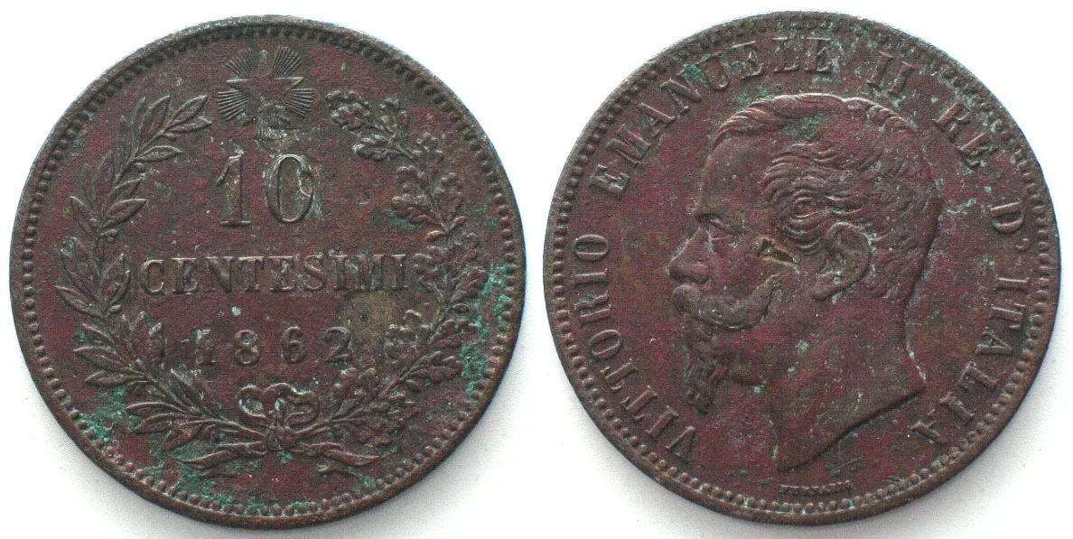 1862 ITALY. 10 Centesimi 1862, VITTORIO EMANUELE II, copper, XF, SCARCE! EF