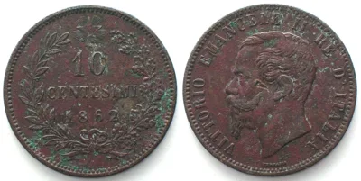 1862 ITALY. 10 Centesimi 1862, VITTORIO EMANUELE II, copper, XF, SCARCE! EF