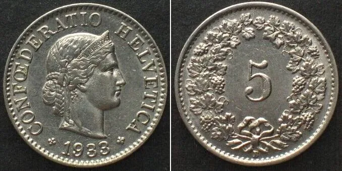 1933 SWITZERLAND 5 Rappen 1933 nickel UNC!