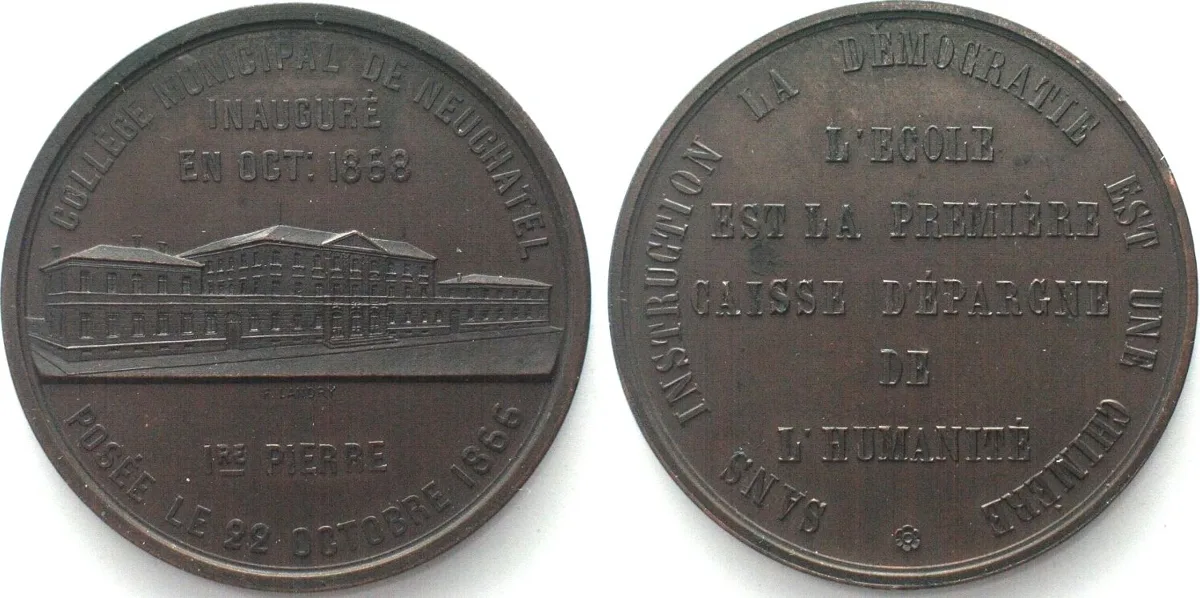 1868 NEUCHATEL - INAUGURATION DU COLLEGE MINICIPAL by Landry, copper, 42mm AU