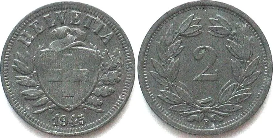 1945 SWITZERLAND 2 Rappen 1945 Zinc UNC!!!