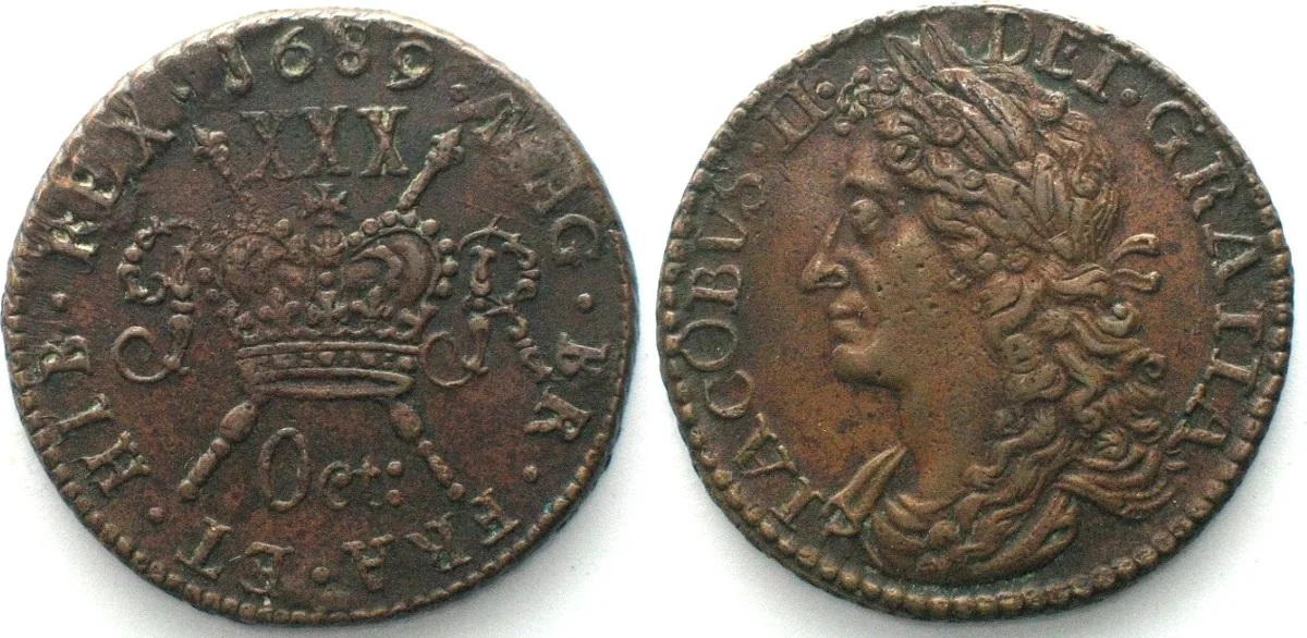 1689 IRELAND. 1/2 Crown 1689 Oct. JAMES II Civil War, large size GUN MONEY brass AU!