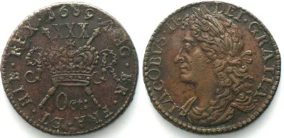1689 IRELAND. 1/2 Crown 1689 Oct. JAMES II Civil War, large size GUN MONEY brass AU!