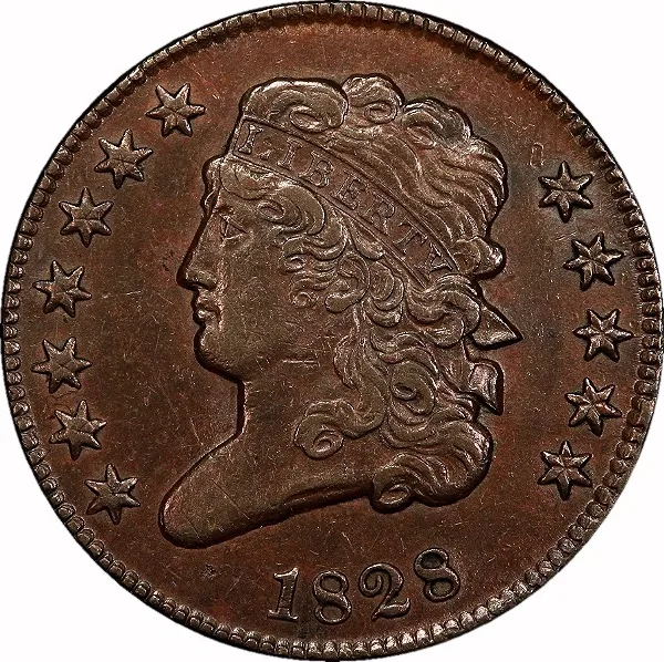 Liberty Cap Half Cent, 1828, 12 Stars, ½¢, AU50+