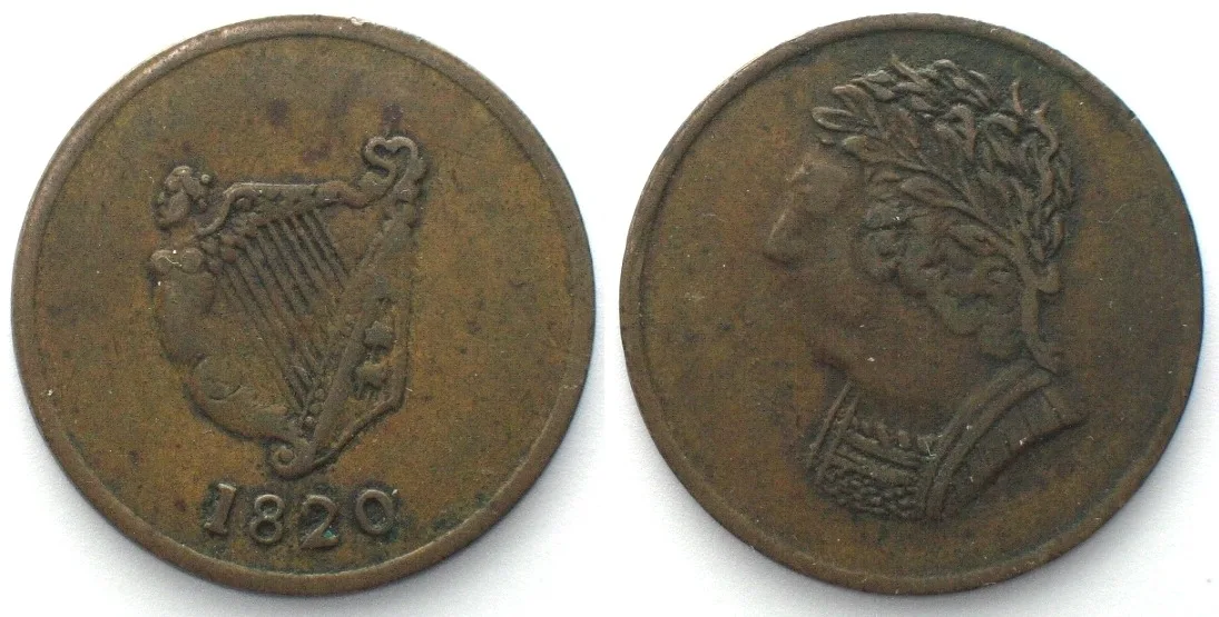 1820 LOWER CANADA 1820 Imitation Bust and Harp Halfpenny Token, brass, VF+