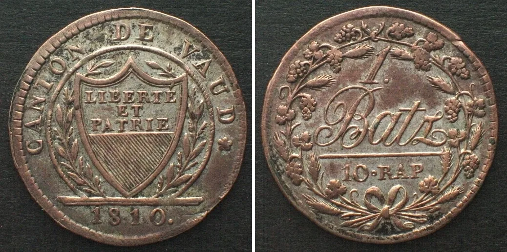 1810 Swiss Cantons VAUD, Canton. Batzen 1810 billon AU!