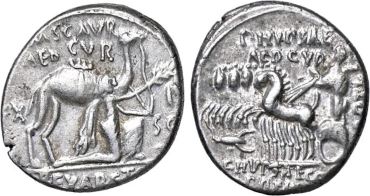 The Roman Republic. M. Aemilius Scaurus and P. Plautius Hypsaeus. AR Denarius