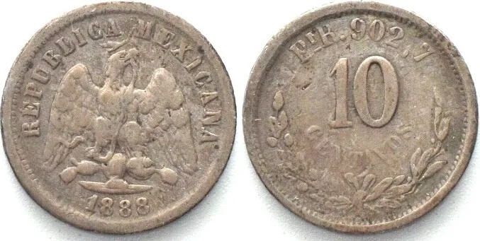 1888 MEXICO. 10 Centavos 1888 Pi R, San Luis Potosi, silver, VF+