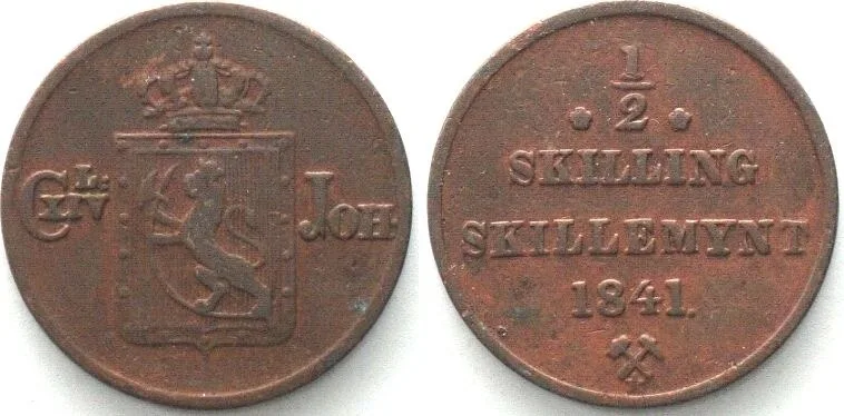1841 NORWAY. 1/2 Skilling 1841, CARL XIV JOHAN, copper aXF! EF-