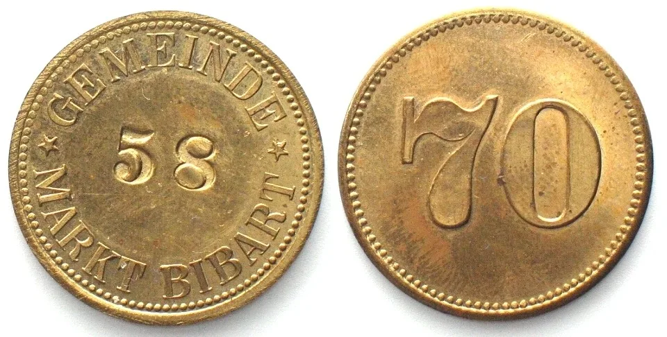 1917 Germany MARKT BIBART (Bavaria) 70 Pfennig ND (1917), NOTGELD, brass UNC, RRR! UNC-