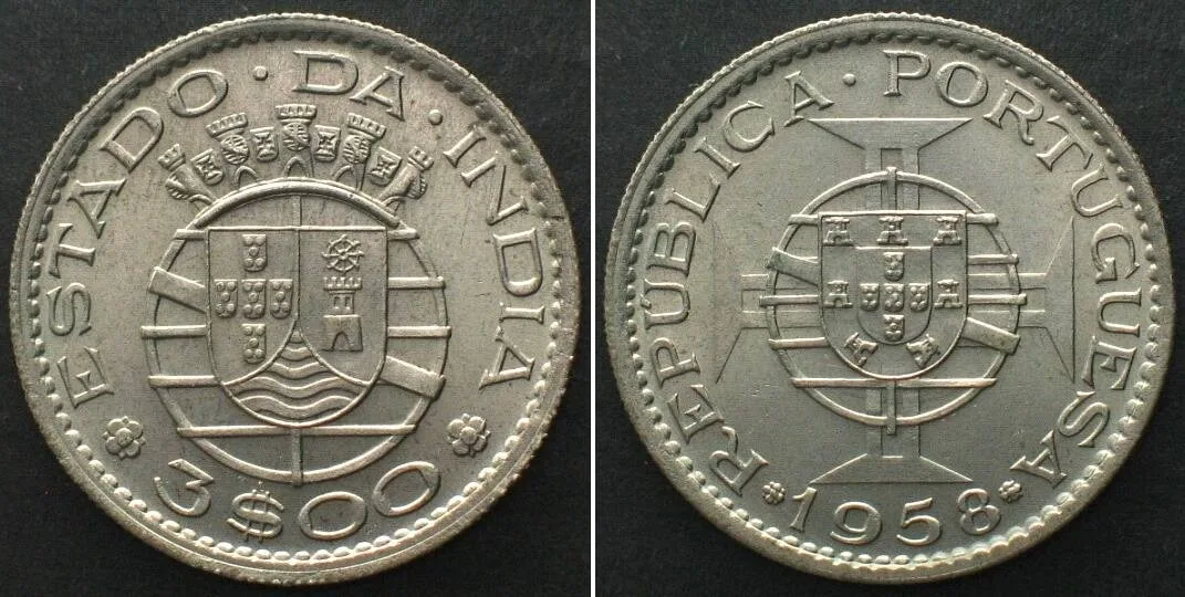 1958 INDIA - PORTUGUESE. 3 Escudos 1958 Cu-Ni BU!!!