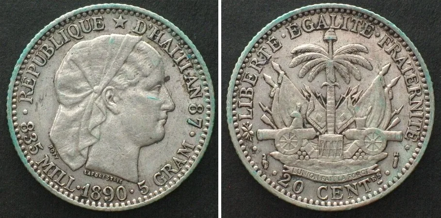 1890 HAITI 20 Centimes 1890 silver KEY DATE! XF AU
