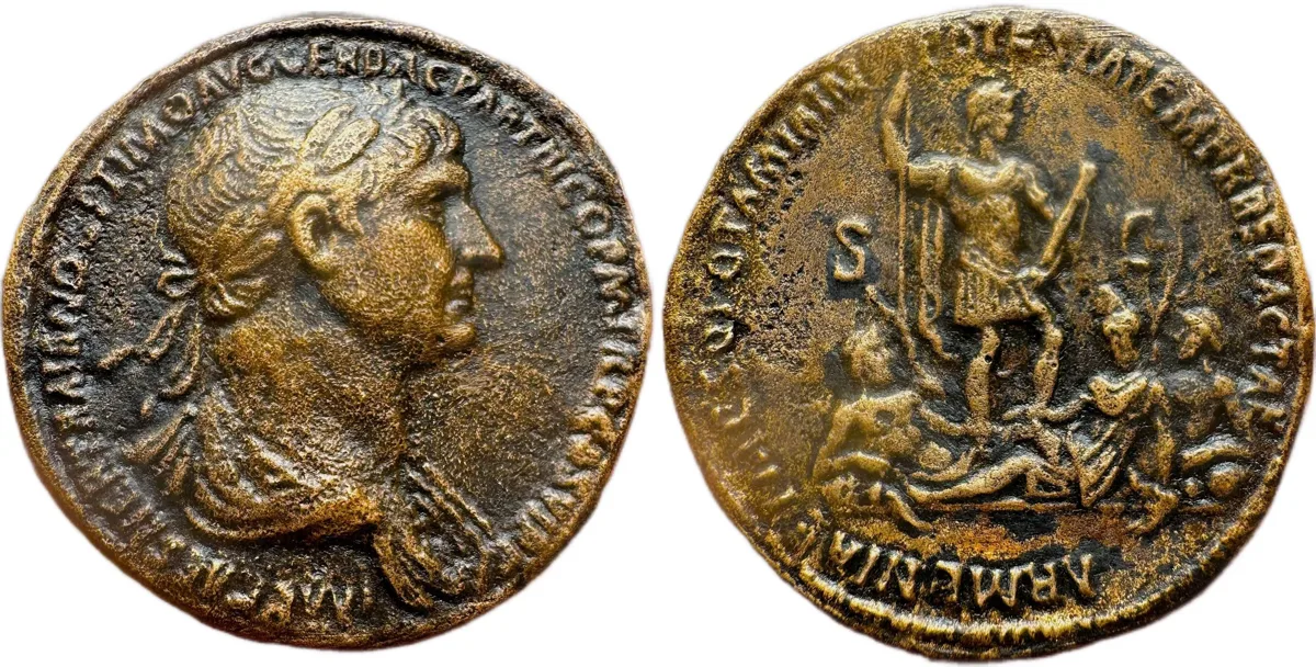 Trajan Orichalcum Sestertius. RARE & Historical Issue in EXCELLENT Condition!